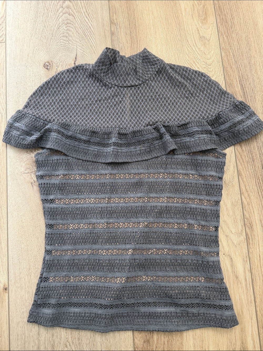 Nightcap Gray Openwork Off-the-Shoulder Ruffle Knit Top